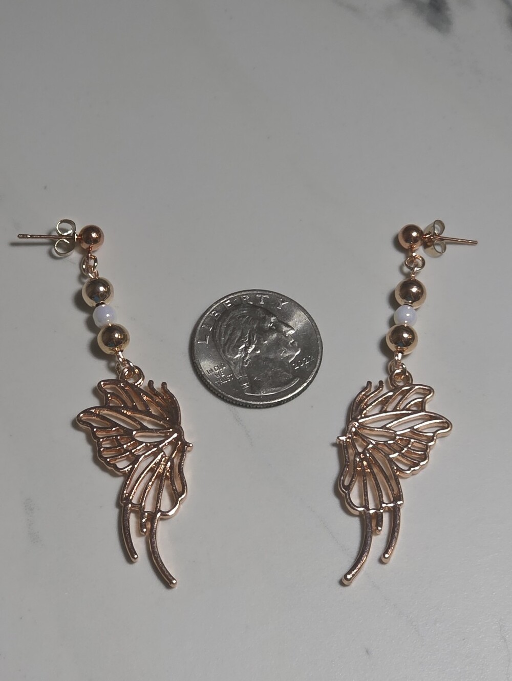 Rose Gold Butterfly Wing Drop Earrings - Hypoallergenic Posts - Picture 4 of 4